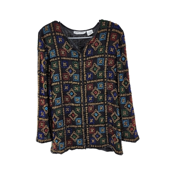Night Vogue Women's Vintage Beads Embellished 100% Silk Top - XL - Picture 1 of 8